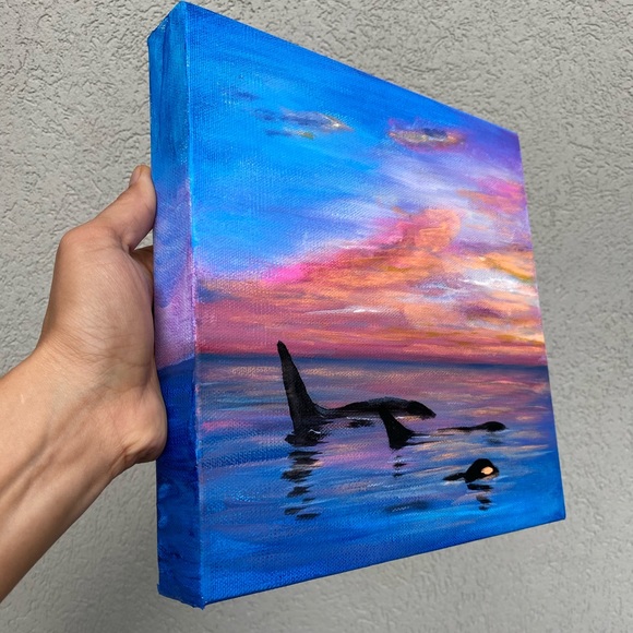 sunset on Alaska ocean & whales Original acrylic painting signed by the artist - Picture 4 of 7